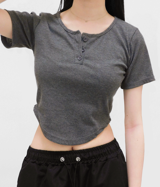 Henley Curved Hem Cropped T-Shirt